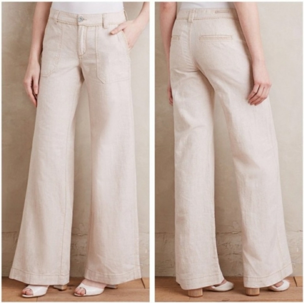 NEW Pilcro Anthropologie Wide Leg Cream Linen Blend Pants Size 6 P